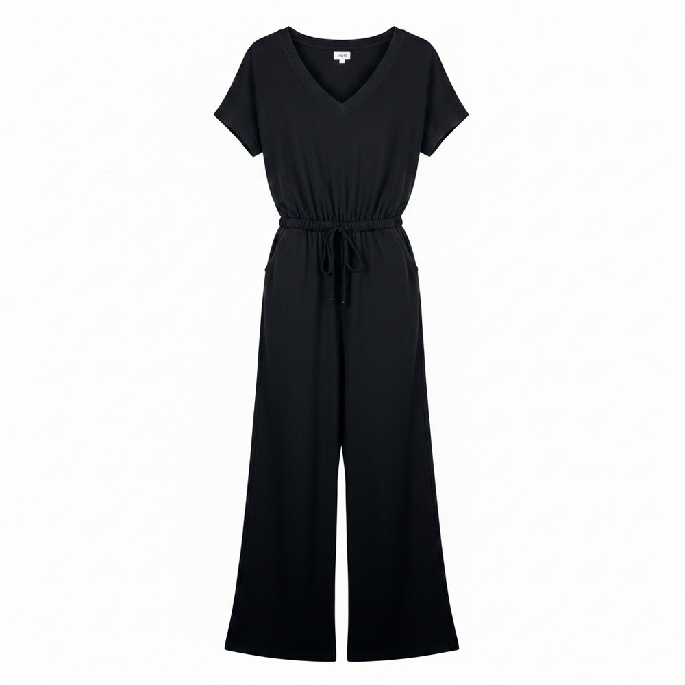 Pact Revive Jumpsuit sz L Black Organic Cotton Wide Leg lounge comfy minimalist